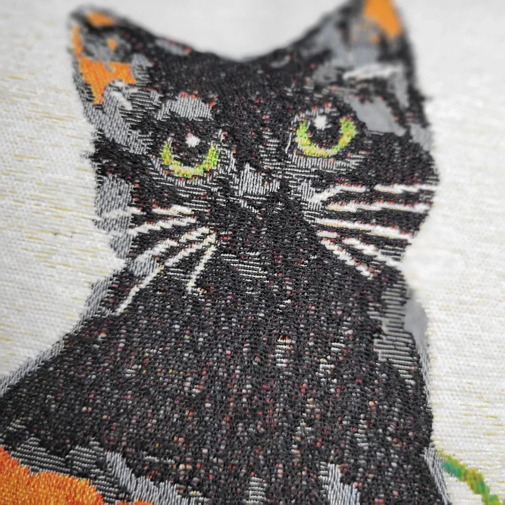 Halloween Black Cat Pumpkin Tapestry Throw Pillow Grey Back 16x16